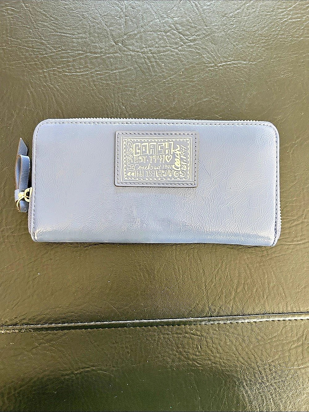 Coach Poppy Patent Leather Accordion Zip Wallet Gray & Pink